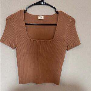 Abercrombie & Fitch Ribbed Square-Neck Crop Top - Tan Brown